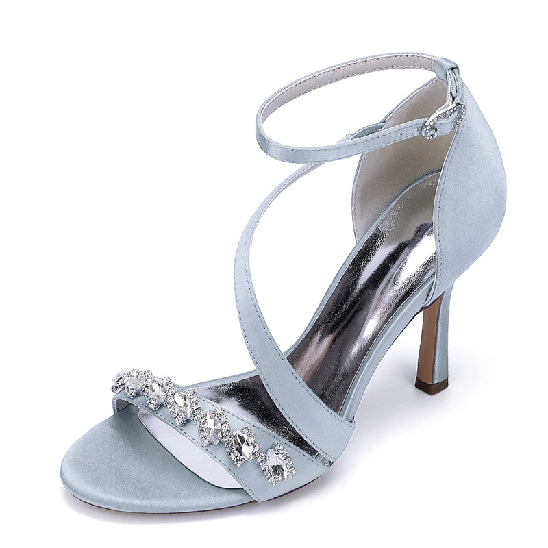 Women's Wedding Shoes Stiletto Heel Opened Toe Slanted Straps Buckle Bridal Shoes with Rhinestones