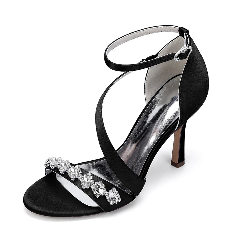 Women's Wedding Shoes Stiletto Heel Opened Toe Slanted Straps Buckle Bridal Shoes with Rhinestones