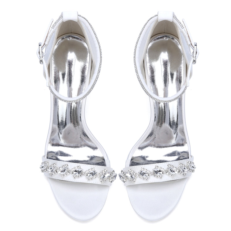 Women's Wedding Shoes Stiletto Heel Opened Toe Buckle Bridal Shoes with Rhinestones