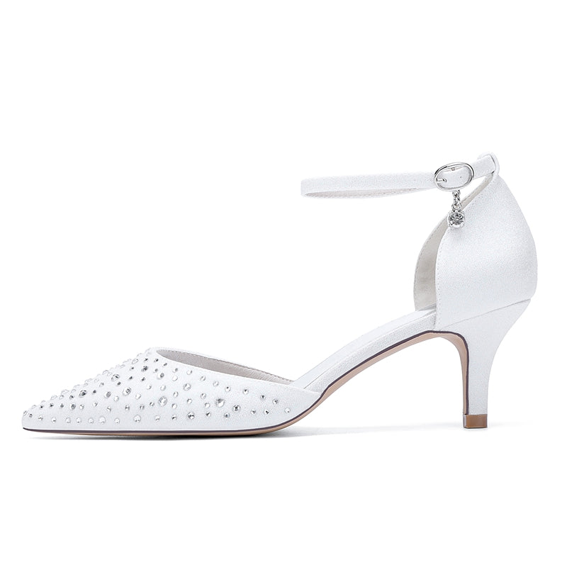 Women's Wedding Shoes Pointed Toe Mid Heel Buckle Sparkling Bridal Shoes with Crystals