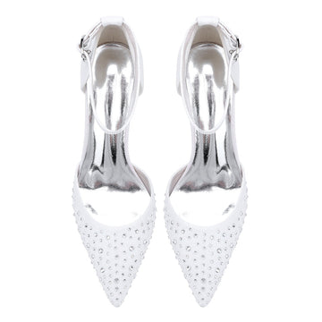 Women's Wedding Shoes Pointed Toe Mid Heel Buckle Sparkling Bridal Shoes with Crystals
