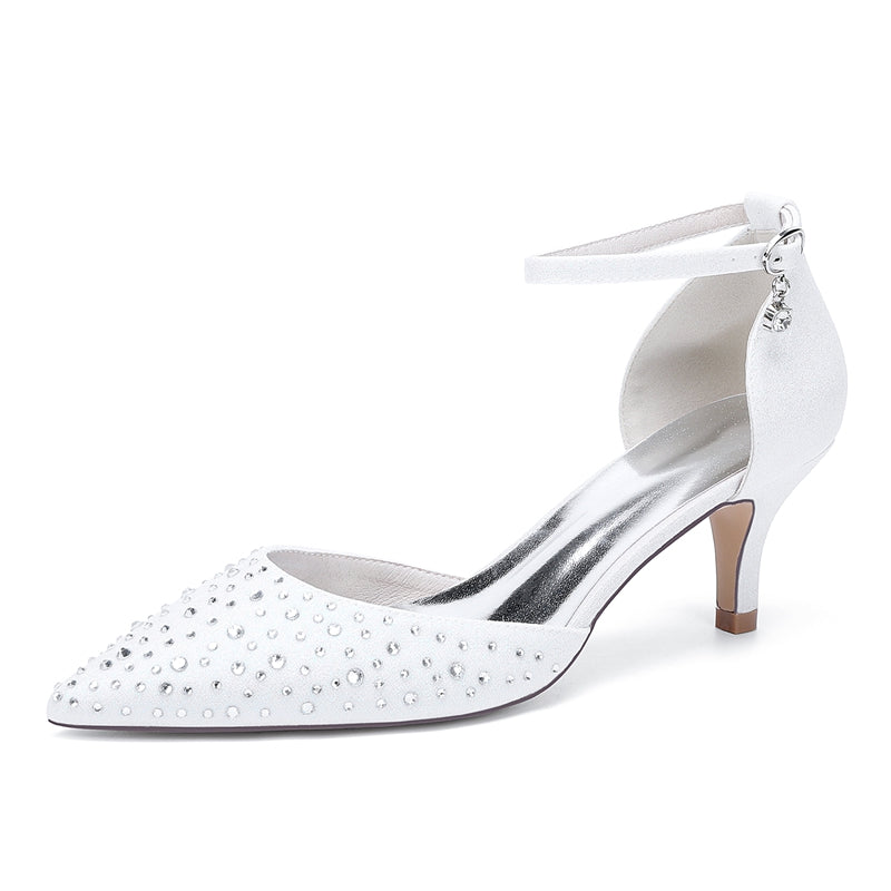 Women's Wedding Shoes Pointed Toe Mid Heel Buckle Sparkling Bridal Shoes with Crystals