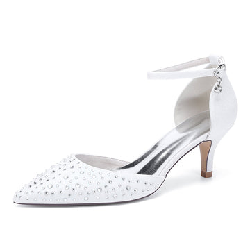 Women's Wedding Shoes Pointed Toe Mid Heel Buckle Sparkling Bridal Shoes with Crystals