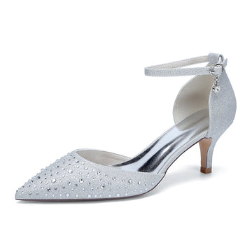 Women's Wedding Shoes Pointed Toe Mid Heel Buckle Sparkling Bridal Shoes with Crystals