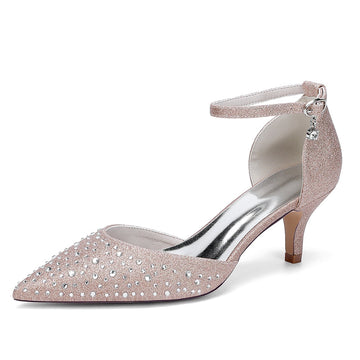 Women's Wedding Shoes Pointed Toe Mid Heel Buckle Sparkling Bridal Shoes with Crystals