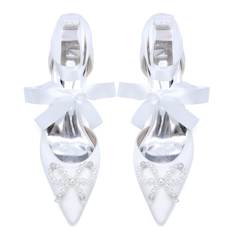 Women's Wedding Shoes Mid Heel Closed Toe Ankle Straps Bridal Shoes with Pearls & Rhinestones Bowknot