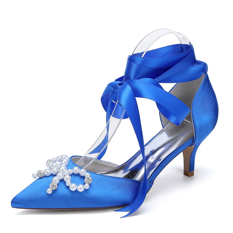 Women's Wedding Shoes Mid Heel Closed Toe Ankle Straps Bridal Shoes with Pearls & Rhinestones Bowknot