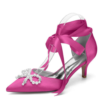Women's Wedding Shoes Mid Heel Closed Toe Ankle Straps Bridal Shoes with Pearls & Rhinestones Bowknot