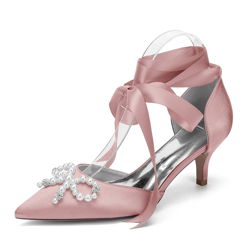 Women's Wedding Shoes Mid Heel Closed Toe Ankle Straps Bridal Shoes with Pearls & Rhinestones Bowknot