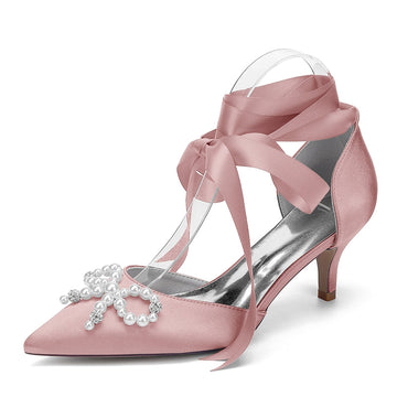 Women's Wedding Shoes Mid Heel Closed Toe Ankle Straps Bridal Shoes with Pearls & Rhinestones Bowknot