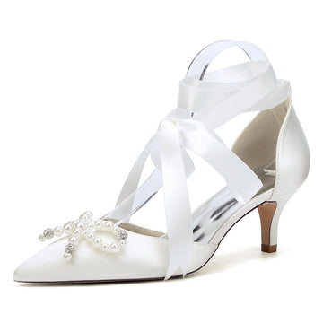 Women's Wedding Shoes Mid Heel Closed Toe Ankle Straps Bridal Shoes with Pearls & Rhinestones Bowknot