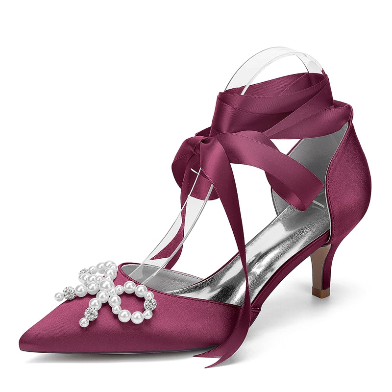 Women's Wedding Shoes Mid Heel Closed Toe Ankle Straps Bridal Shoes with Pearls & Rhinestones Bowknot