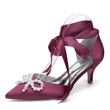 Women's Wedding Shoes Mid Heel Closed Toe Ankle Straps Bridal Shoes with Pearls & Rhinestones Bowknot