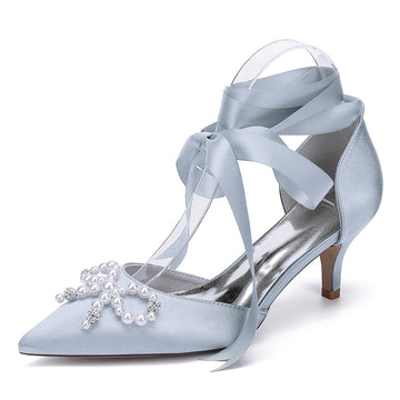 Women's Wedding Shoes Mid Heel Closed Toe Ankle Straps Bridal Shoes with Pearls & Rhinestones Bowknot