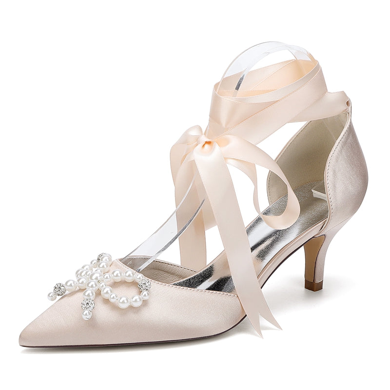 Women's Wedding Shoes Mid Heel Closed Toe Ankle Straps Bridal Shoes with Pearls & Rhinestones Bowknot