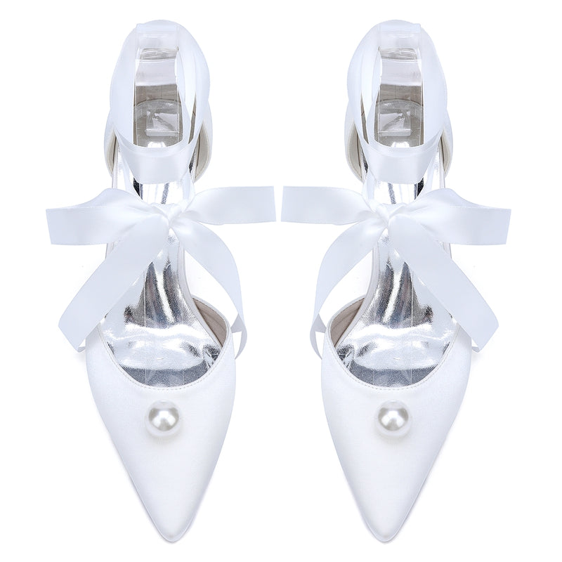Women's Wedding Shoes Mid Heel Pointed Toe Ankle Straps Bridal Shoes with Pearl