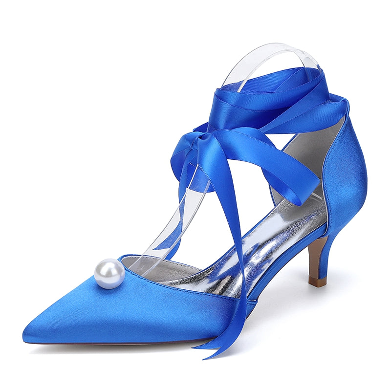 Women's Wedding Shoes Mid Heel Pointed Toe Ankle Straps Bridal Shoes with Pearl