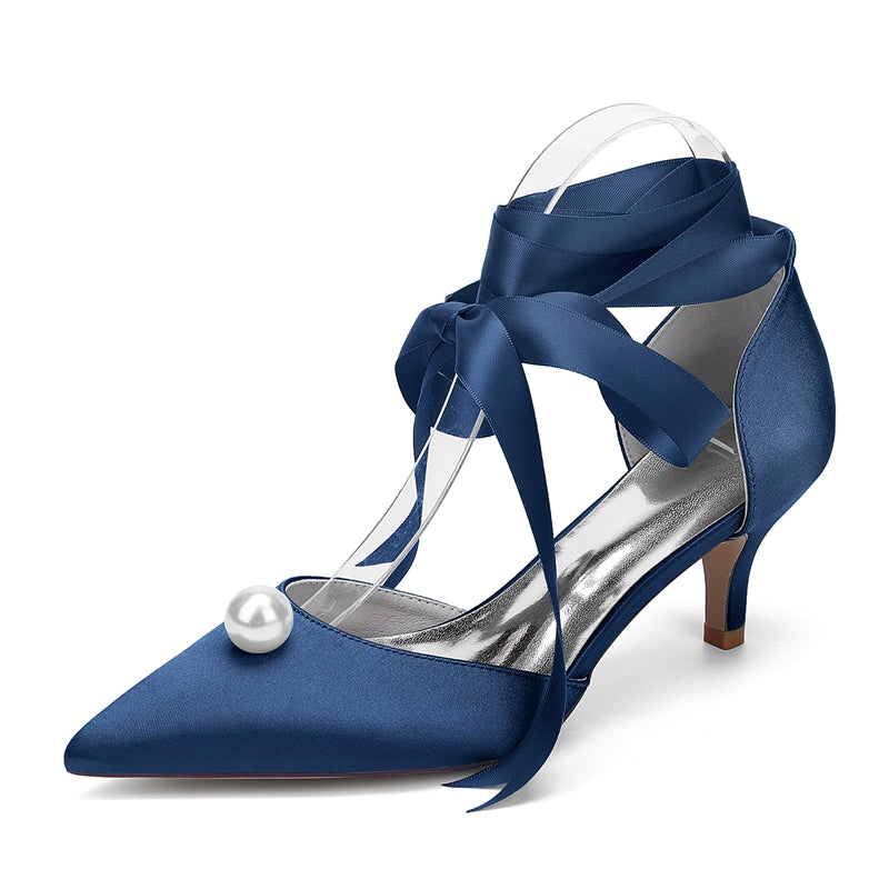 Women's Wedding Shoes Mid Heel Pointed Toe Ankle Straps Bridal Shoes with Pearl