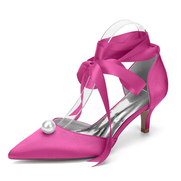 Women's Wedding Shoes Mid Heel Pointed Toe Ankle Straps Bridal Shoes with Pearl