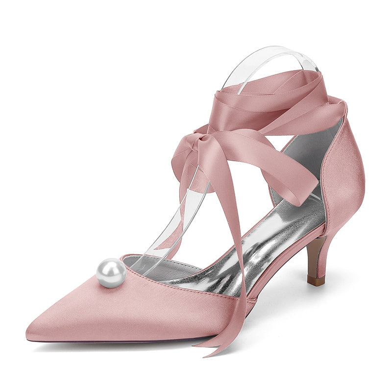 Women's Wedding Shoes Mid Heel Pointed Toe Ankle Straps Bridal Shoes with Pearl