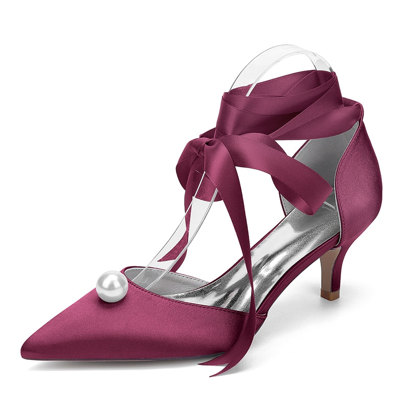 Women's Wedding Shoes Mid Heel Pointed Toe Ankle Straps Bridal Shoes with Pearl