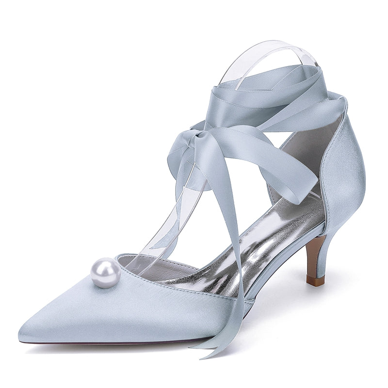 Women's Wedding Shoes Mid Heel Pointed Toe Ankle Straps Bridal Shoes with Pearl