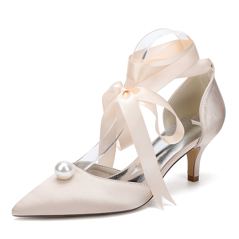 Women's Wedding Shoes Mid Heel Pointed Toe Ankle Straps Bridal Shoes with Pearl