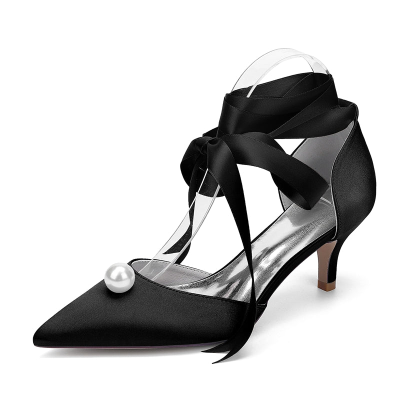 Women's Wedding Shoes Mid Heel Pointed Toe Ankle Straps Bridal Shoes with Pearl