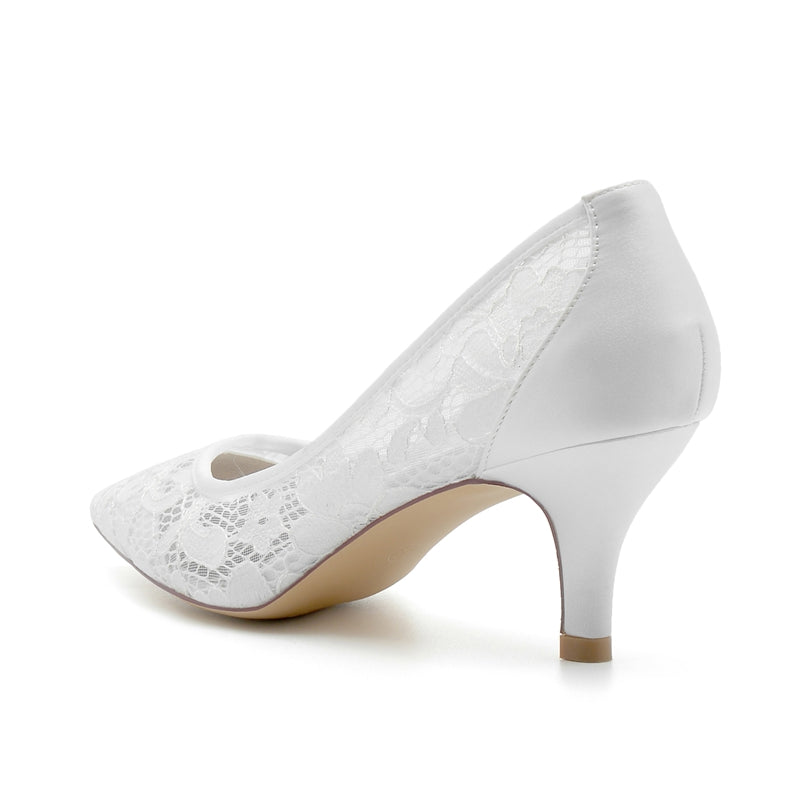 Women's Wedding Shoes Lace Pointed Toe Mid Heel Bridal Shoes with Crystals