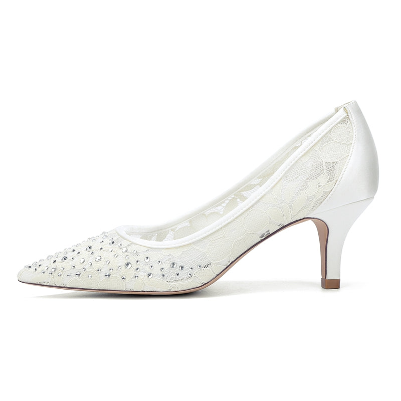 Women's Wedding Shoes Lace Pointed Toe Mid Heel Bridal Shoes with Crystals