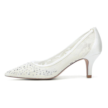Women's Wedding Shoes Lace Pointed Toe Mid Heel Bridal Shoes with Crystals