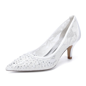Women's Wedding Shoes Lace Pointed Toe Mid Heel Bridal Shoes with Crystals
