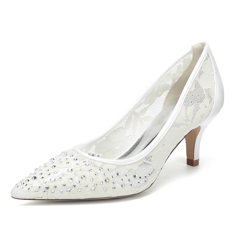 Women's Wedding Shoes Lace Pointed Toe Mid Heel Bridal Shoes with Crystals