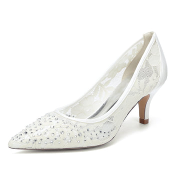 Women's Wedding Shoes Lace Pointed Toe Mid Heel Bridal Shoes with Crystals