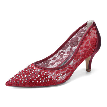 Women's Wedding Shoes Lace Pointed Toe Mid Heel Bridal Shoes with Crystals