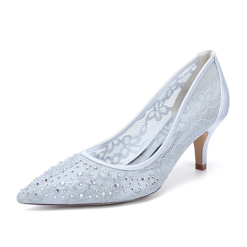 Women's Wedding Shoes Lace Pointed Toe Mid Heel Bridal Shoes with Crystals