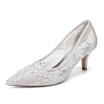 Women's Wedding Shoes Lace Pointed Toe Mid Heel Bridal Shoes with Crystals