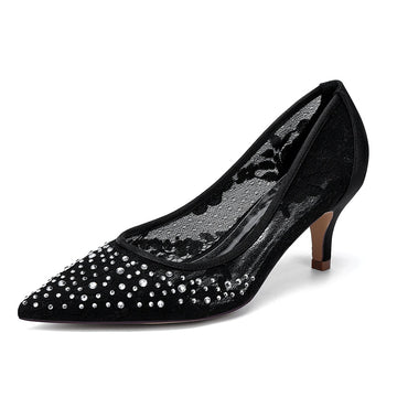 Women's Wedding Shoes Lace Pointed Toe Mid Heel Bridal Shoes with Crystals