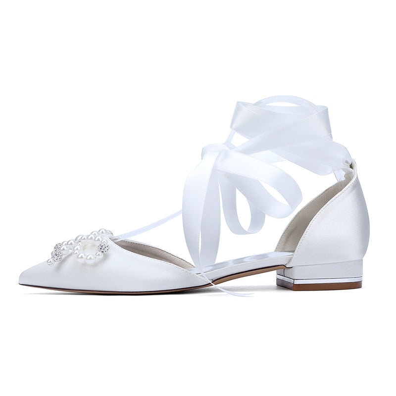 Women's Wedding Shoes Low Heel Pointed Toe Ankle Straps Bridal Shoes with Pearls & Rhinestones Bowknot