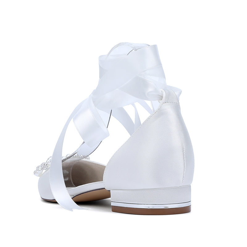 Women's Wedding Shoes Low Heel Pointed Toe Ankle Straps Bridal Shoes with Pearls & Rhinestones Bowknot