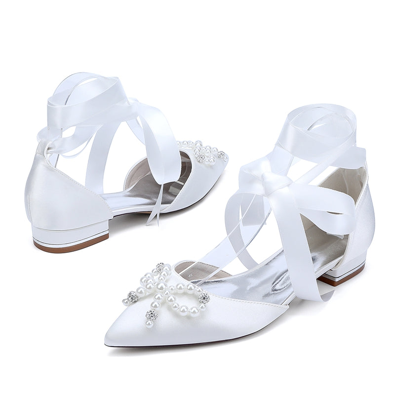 Women's Wedding Shoes Low Heel Pointed Toe Ankle Straps Bridal Shoes with Pearls & Rhinestones Bowknot