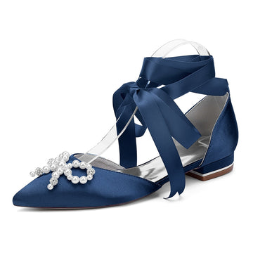 Women's Wedding Shoes Low Heel Pointed Toe Ankle Straps Bridal Shoes with Pearls & Rhinestones Bowknot