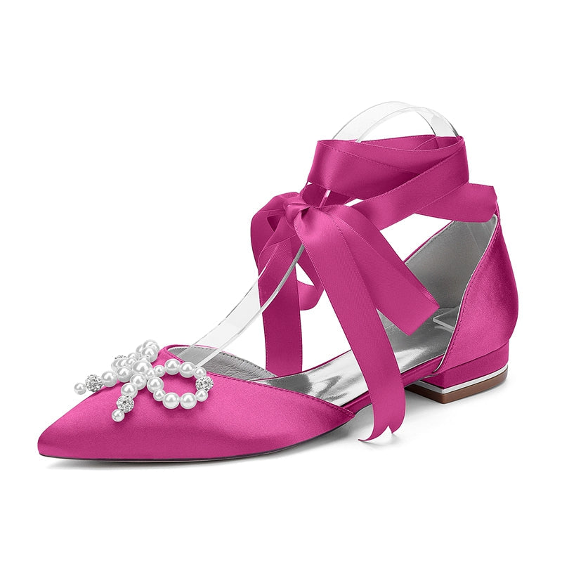 Women's Wedding Shoes Low Heel Pointed Toe Ankle Straps Bridal Shoes with Pearls & Rhinestones Bowknot