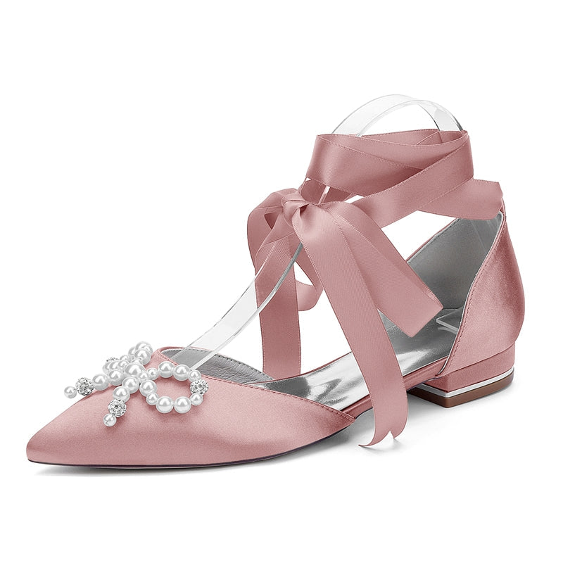 Women's Wedding Shoes Low Heel Pointed Toe Ankle Straps Bridal Shoes with Pearls & Rhinestones Bowknot