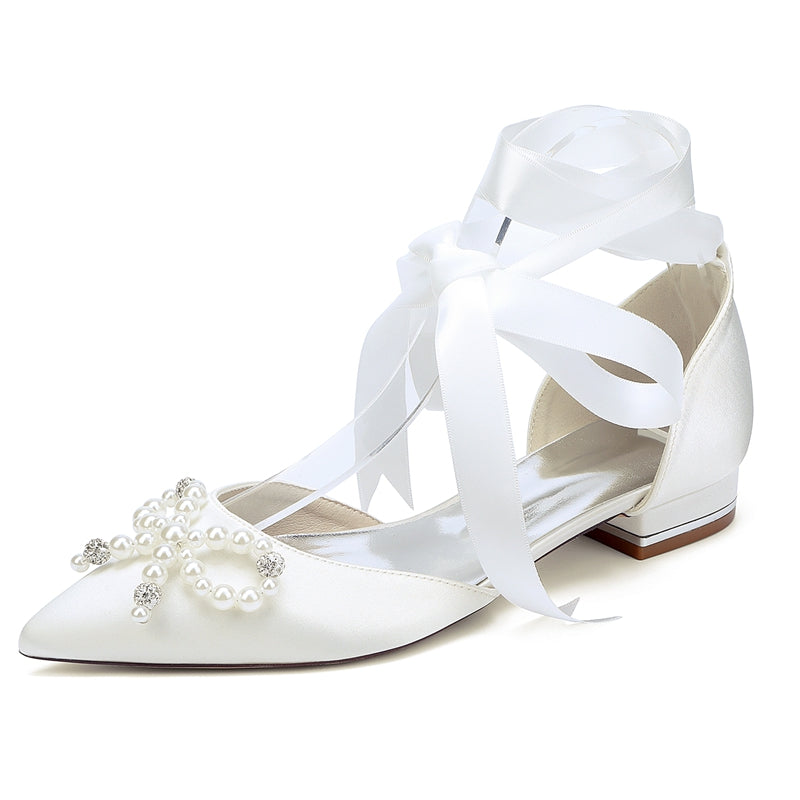 Women's Wedding Shoes Low Heel Pointed Toe Ankle Straps Bridal Shoes with Pearls & Rhinestones Bowknot