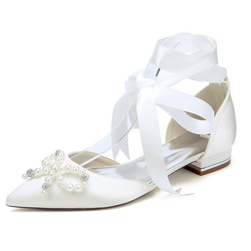 Women's Wedding Shoes Low Heel Pointed Toe Ankle Straps Bridal Shoes with Pearls & Rhinestones Bowknot