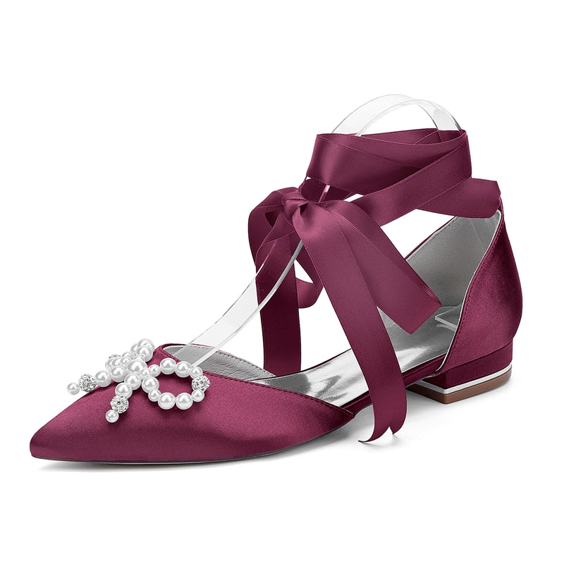 Women's Wedding Shoes Low Heel Pointed Toe Ankle Straps Bridal Shoes with Pearls & Rhinestones Bowknot