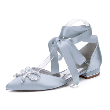 Women's Wedding Shoes Low Heel Pointed Toe Ankle Straps Bridal Shoes with Pearls & Rhinestones Bowknot