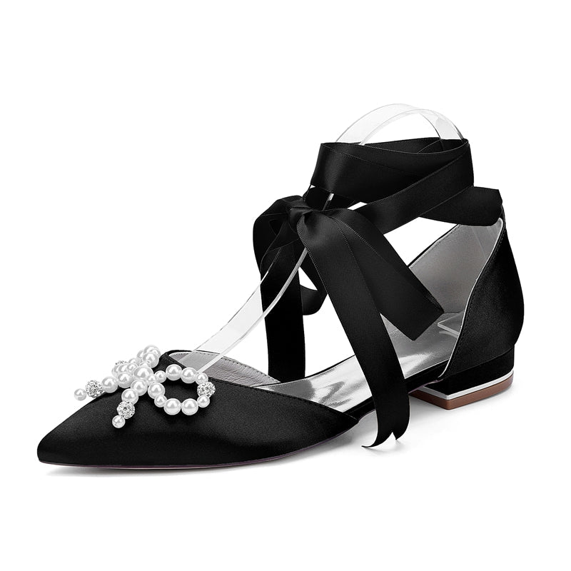 Women's Wedding Shoes Low Heel Pointed Toe Ankle Straps Bridal Shoes with Pearls & Rhinestones Bowknot
