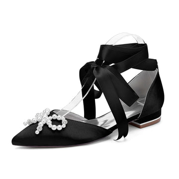 Women's Wedding Shoes Low Heel Pointed Toe Ankle Straps Bridal Shoes with Pearls & Rhinestones Bowknot